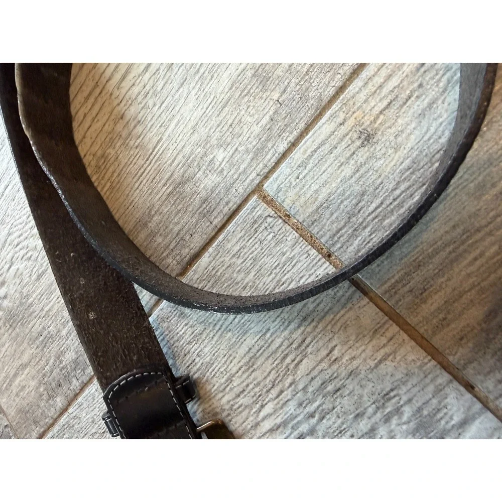 Genuine Leather Belt Black size Medium USA Twisted Buckle‎ Brasstone Vtg Western